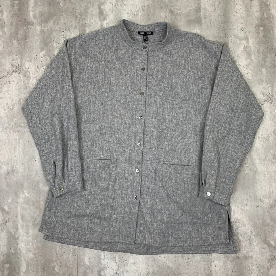 Camisa Eileen Fisher Suave Lana Franela Cuello Mandarín Mujer XS Gris Manga Larga Foto 1 de 4