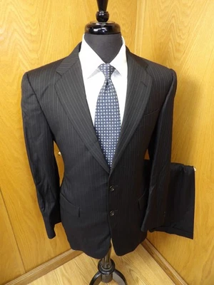 Mens Suit Hickey Freeman  38r 32 x 30  Black Pinstripe 100% Wool  T-#13 - Image 1 of 4
