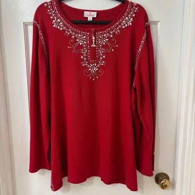 Quacker Factory Red Embellished Holiday Christmas Tunic Sweater Plus 2X Zip Neck - Image 1 of 4