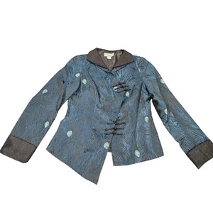 Dragon Silk 100% Silk Black Blue Green Peacock Jacket Blazer Size L Asian - Picture 1 of 7