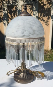 VTG Frosted glass dome shade with beaded fringe 16" Tall Tree Trunk Base - Picture 1 of 15