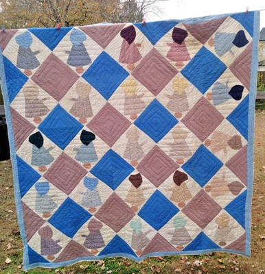 Antique VTG Hand Stitched 9 Block Sun Bonnet Sue Quit 80" X 80" Blue Tan Cream - Image 1 of 4