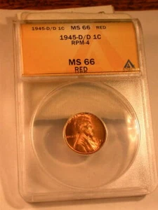 1945 D RPM#4 ANACS MS66 Red Lincoln Cent Error  Free Shipping - Picture 1 of 4