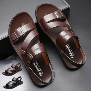 Sandalias De Cuero Moda Para Hombre Zapatos Informales De Verano Con Punta Abier - Picture 1 of 20