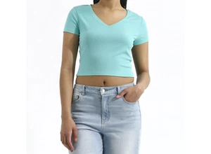 No Boundaries V Neck Crop Rib Tee with Short Sleeves, Women's Tropic Water - Picture 1 of 4