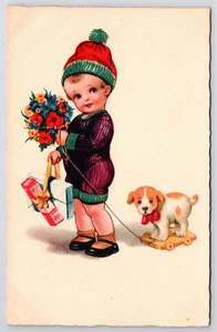 C1930 Unsigned Children's Postcard, Child with Gifts Pulling A Dog Toy - Picture 1 of 2