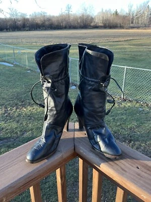 Vintage Black Leather Joyce California High Heel Boots with Lace Up Top Size 9 - Image 1 of 4