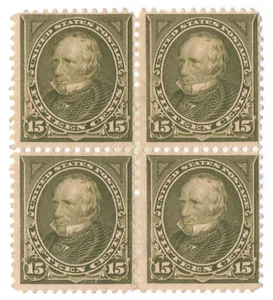 US Sc# 284 *MINT NO GUM { "SCARCE BLOCK OF 4 } NICE 15c OLIVE GREEN CLAY OF 1898 - Picture 1 of 3