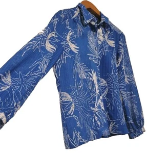 Vintage Lanvin Paris Blouse 16 Sheer Button-up Long Sleeve Blue Floral Pattern - Picture 1 of 11
