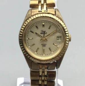 Vtg Timex Watch Men Indiglo 24mm Gold Tone Date 1997 New Battery 6.75" - Picture 1 of 15