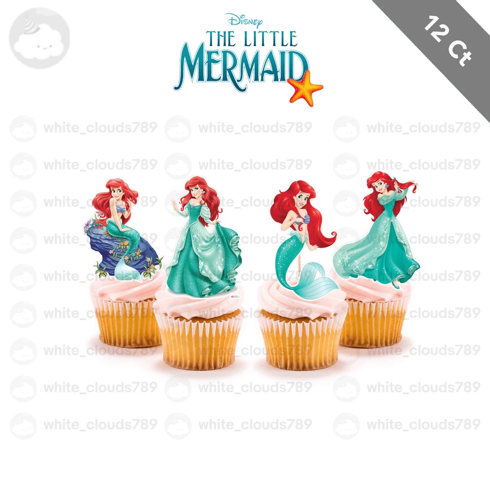12 Sirenita Cupcake Topper Cumpleaños Niña Fiesta Princesa Ariel Foto 1 de 1