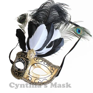Black/Gold Venetian Masquerade Mask w/Peacock Ostrich Feathers Party Halloween - Picture 1 of 2
