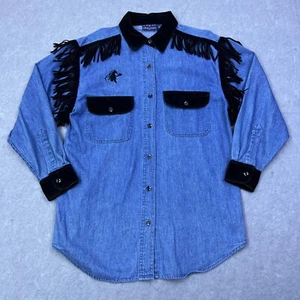 Amrav Shirt Women's S Blue Western Jeanswear Pearl Snap Velvet Fringe Horses Top - Picture 1 of 11