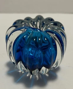 Glass Pumpkin Paperweight Ribbed Clear Glass with Cobalt Blue Center - Picture 1 of 5