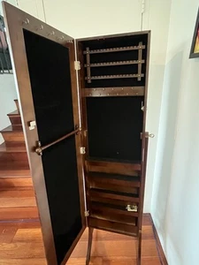 Standing Lockable Jewellery Mirror Cabinet Armoire Wooden Storage Furniture - Picture 1 of 17