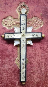 Reliquie antikes Reliquie KREUZ aus Holz und Perlmutt "ERINNERUNG AN JERUSALEM" - Bild 1 von 3