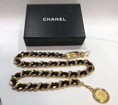 CHANEL Vintage Charm Coin Chain Belt Black Leather Signature Plate Gold P 94A - Image 1 of 4