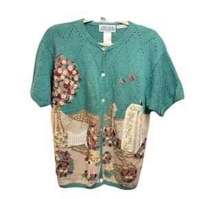 Vintage Jantzen Sweater Cardigan Hand Embroidered Turquoise Floral XL - Picture 1 of 6