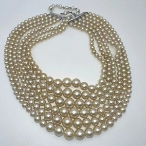 Collar graduado con cuentas de perlas de imitación crema de seis hebras múltiples Japón vintage - Imagen 1 de 8