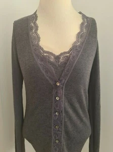 Ex Jigsaw Vintage Lace Trim Thermal Stretch Cardigan cami vest grey purple S M L - Picture 1 of 13