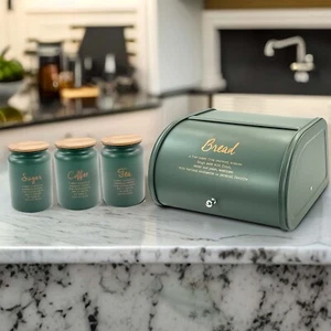 Set contenitore contenitore per pane in metallo 4 pezzi montaggio coperchio barattolo zucchero tè caffè - Foto 1 di 14