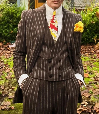 Brown Striped Men Suits Wool Blend Tweed Wedding Prom Groom Regular Fit Tuxedos - Image 1 of 4