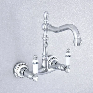 Grifo de lavabo de baño con doble mango de cerámica plateado cromado pulido - Imagen 1 de 7