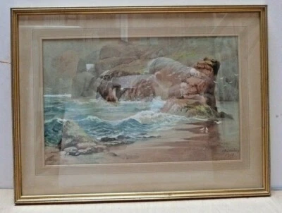 Antique 1916 Marine Landscape Watercolour painting by JR Shelsby Framed Glazed - Image 1 of 4