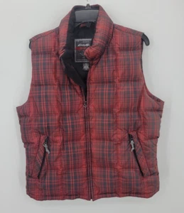 Eddie Bauer Puffer Vest Womens Medium Red Black Plaid Quilted Weather Edge - Picture 1 of 7