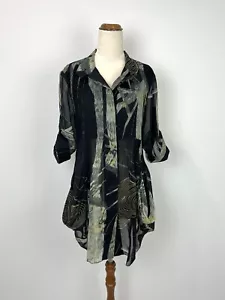 LINDI Womens Top Black Floral Sheer Pleated Button Up Roll Tab Tunic Pockets S 8 - Picture 1 of 11