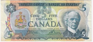 Canada 1979 $5 Five Dollar Banknote Crow - Bouey Circulated - Picture 1 of 2