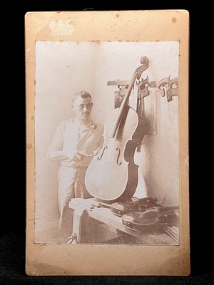 VERY RARE CABINET PHOTO - MUSICAL OCCUPATIONAL  / A LUTHIER WORKING ON A CELLO - Image 1 of 2