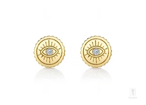 14k Gold 1.9 Gms. Diamond Eye Stud Earrings Evil Protection Round Cut Natural - Picture 1 of 6