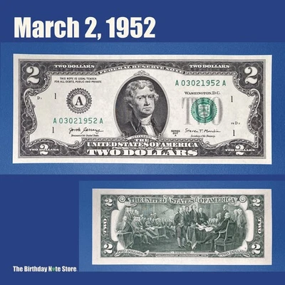 March 2, 1952 Birthday Anniversary $2 Two Dollar Bill Serial Number 03021952 - Image 1 of 2