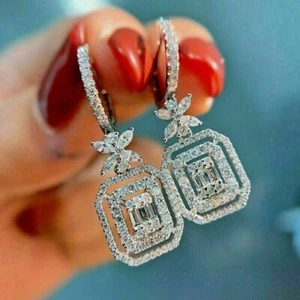 Women 4Ct Lab Created Baguette Diamond Drop Dangle Earrings White Gold Plated - Picture 1 of 5