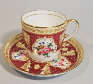 Antique English Cauldon Demitasse Cup Saucer Red Gilt Hand Enameled Florals - Picture 1 of 11