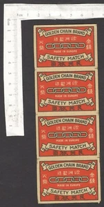 China 30er-40er Jahre Streichholzschachtel Etikett GOLDEN CHAIN BRAND ungeschnittener Streifen mit 4 Etiketten - Bild 1 von 1