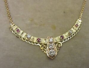 estate 14K Yellow Rose Gold DIAMOND RUBY NECKLACE 0.75ct designer signed GD 16"
