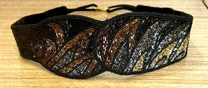 Vintage 1980s Gold/Bronze/Black Beaded Evening Belt Satin Lining Bugle Beads - Picture 1 of 7