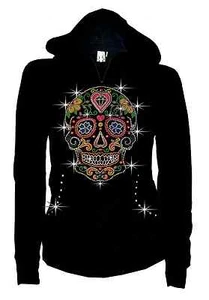 Mujeres Suéter Calavera de Azúcar Suéter Bling Bling Estrás Bolsillos Cremallera S~3X - Imagen 1 de 2
