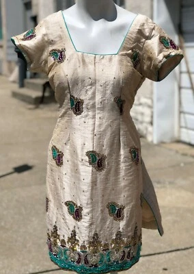 Vestido Salwar Vintage Tradición INDIA Medio Oriente Poliéster Cuentas Lentejuelas Paisley L Foto 1 de 4