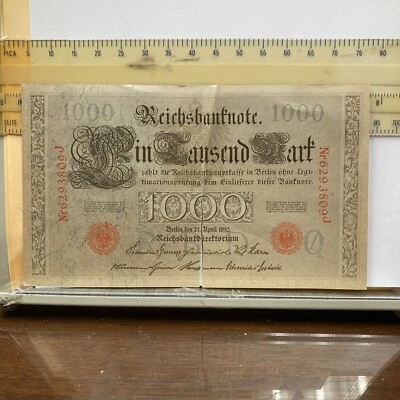 1910 Germany / German Empire Huge 1000 Mark Banknote RED SEAL Nr6293809J tear - Image 1 of 2