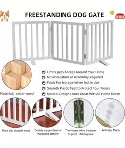 3 Panel Wooden Foldable Freestanding 36”H x 60”L Pet Gate White - Picture 1 of 11