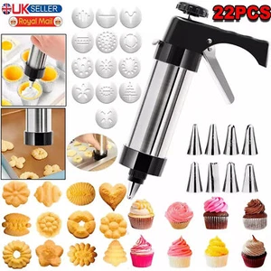 22pc Stainless Steel Biscuit Cookie Icing Cake Decorating Set Piping Gun UK - Picture 1 of 12
