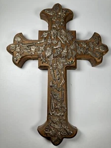Vintage Mexican Milagros Wooden Cross Rustic Folk Art 12" x 8.5" - Picture 1 of 13