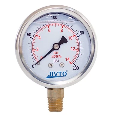 Pressure Gauge,Glycerin Filled,2-1/2" Dia,0-200 psi,1/4 NPT lower mount - Image 1 of 4