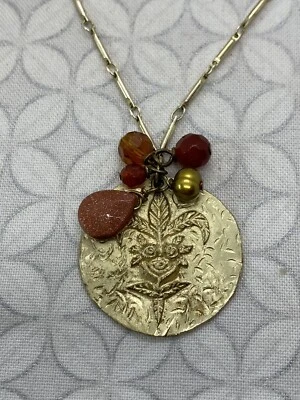 Vintage Kendra Scott Fleur de-lis circle Pendant Necklace goldstone beads - Image 1 of 4