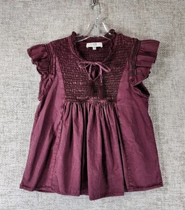 Sea NY Simona gesmokte Baumwollbluse Damen M burgund Flatterärmel Quasten - Bild 1 von 13