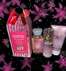 Strawberry Snowflakes Gift Box Set Bath & Body Works Travel Sz Wash, Cream, Mist - Picture 1 of 9