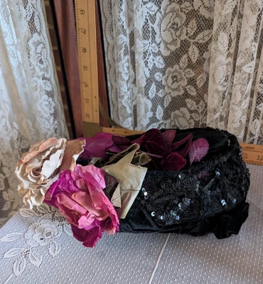Edwardian Art Deco Hat Black Velvet Lace Flowers Sequins Museum Lot # 12 - Image 1 of 4